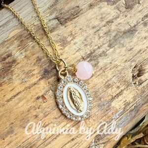 Gold Virgin Mary and pink quartz medal chain  short statement necklace